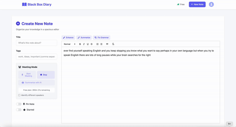 Black Box Diary interface